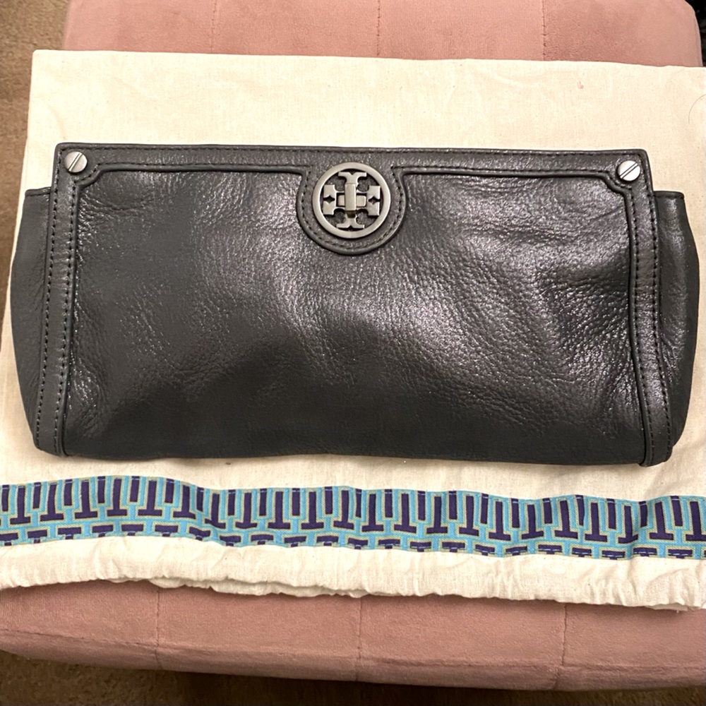 Tory Burch Metallic Gunmetal Clutch